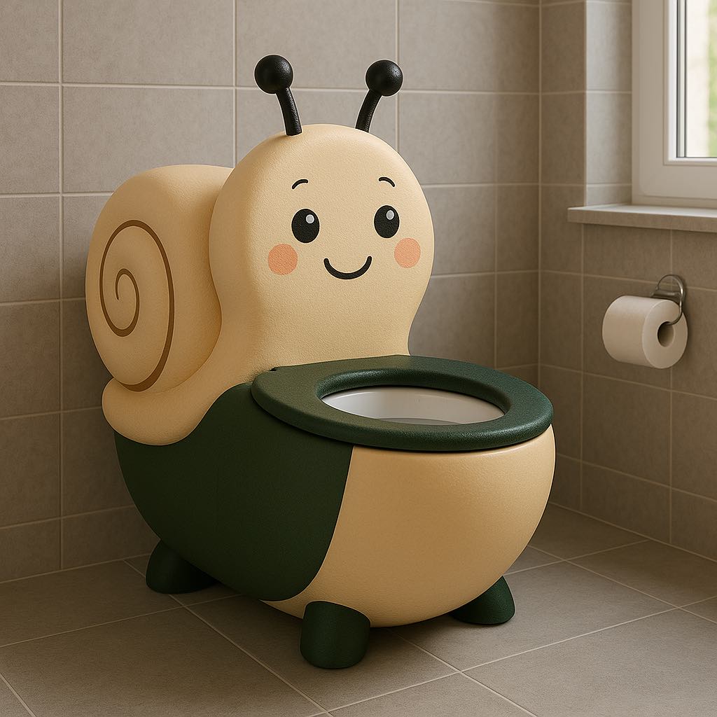  Beige and green snail-themed potty chair with spiral shell design and soft rounded edges in a bathroom.