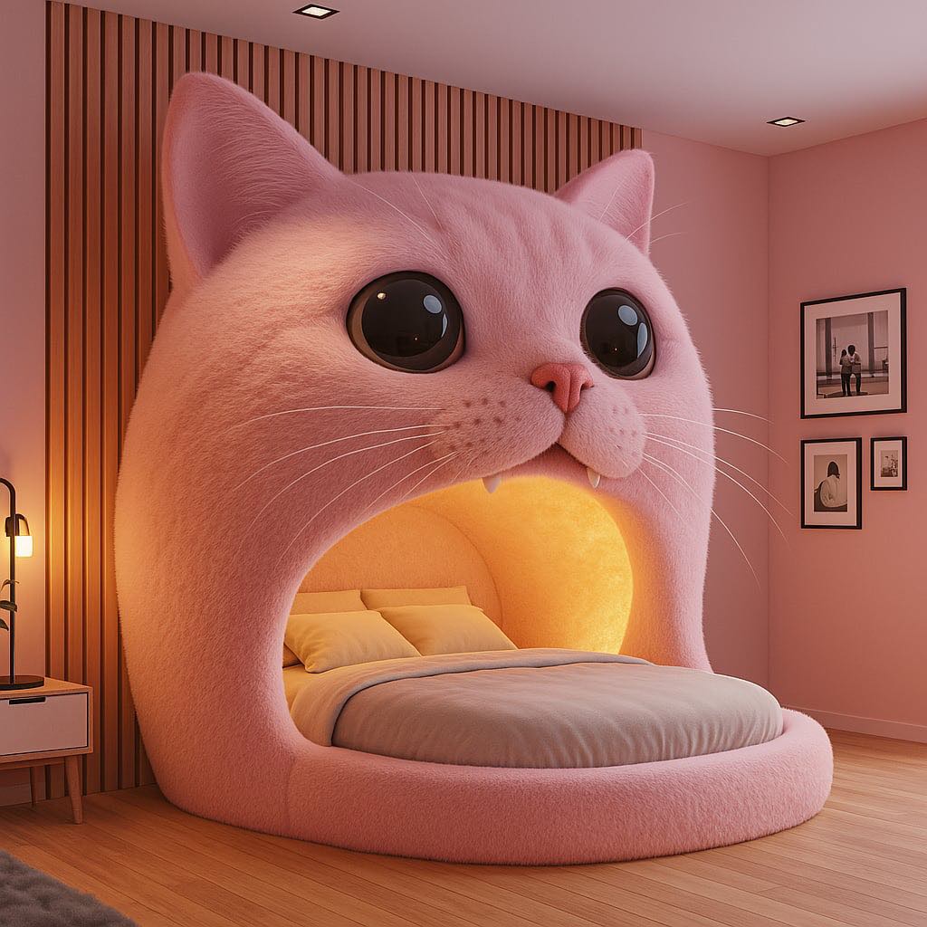 Soft pink cat-shaped bed with plush interior in a cute, pastel-coloured bedroom