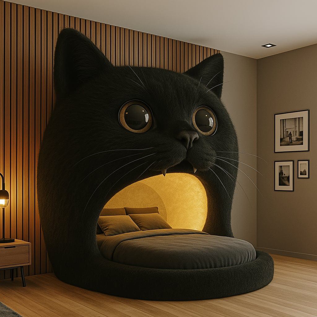 Elegant black cat-shaped bed with warm lighting in a moody, stylish bedroom