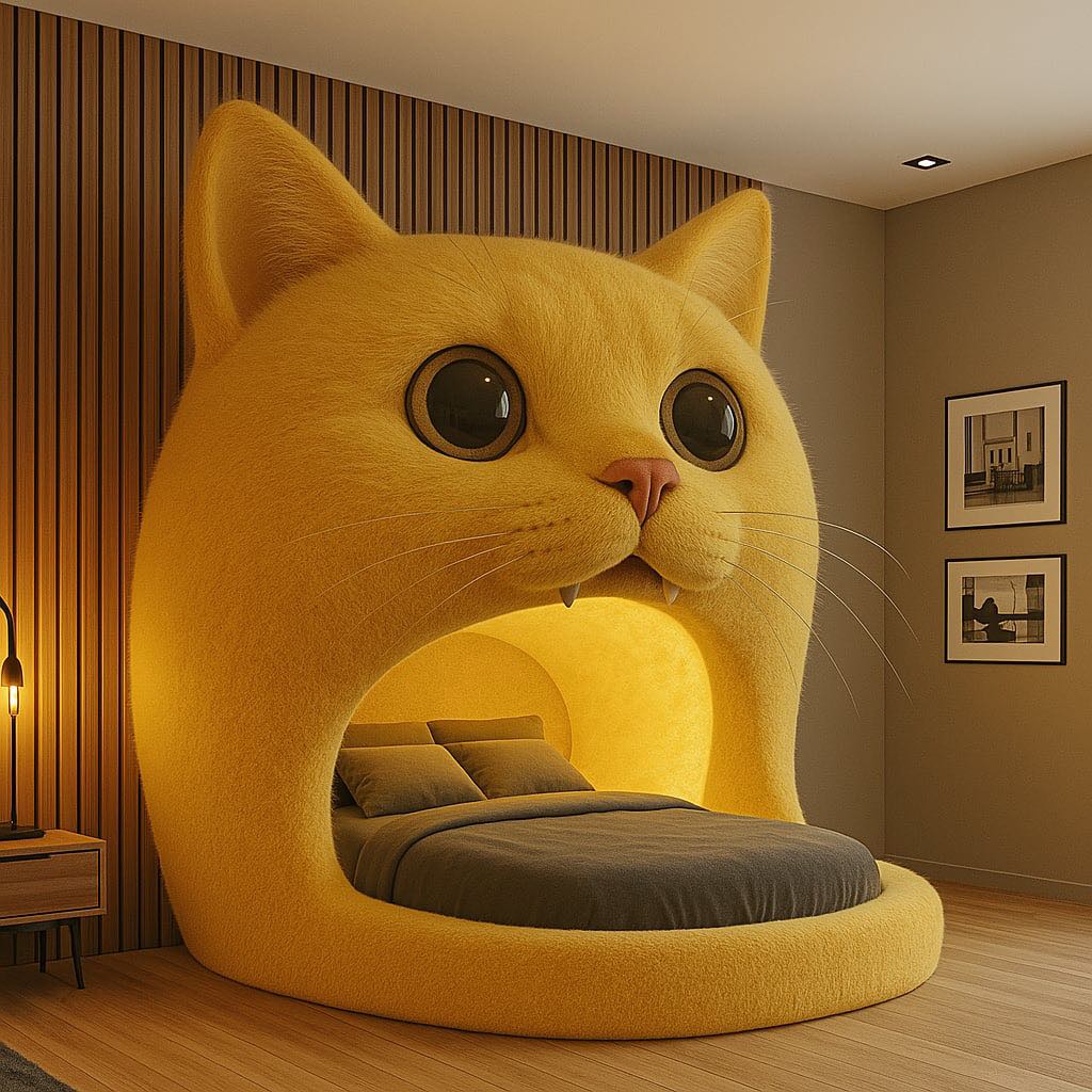 Bright yellow cat-shaped bed with glowing interior in a cheerful contemporary room