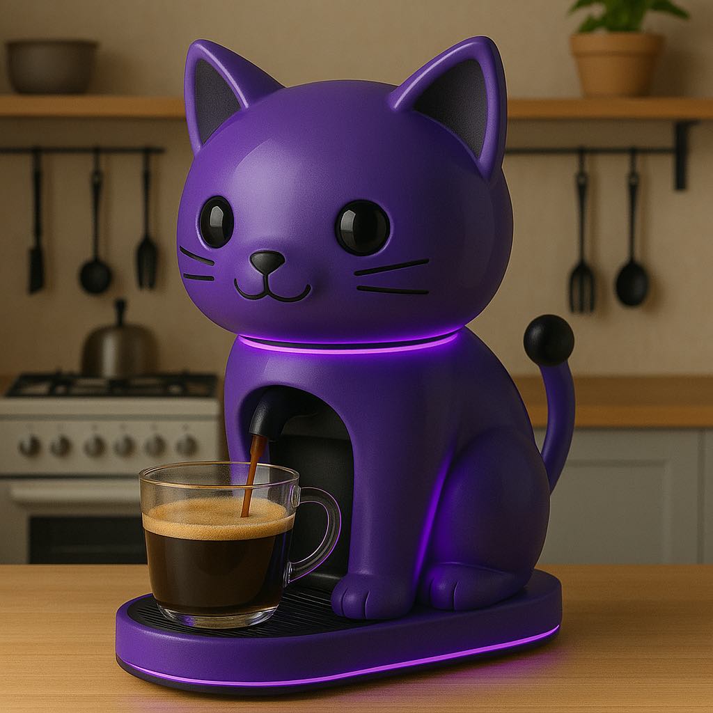 Playful purple cat coffee machine with glowing LED lights brewing espresso