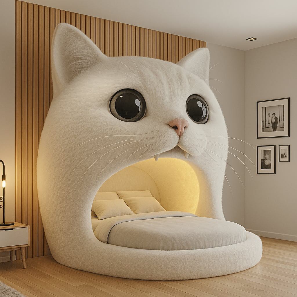 Whimsical cream cat-shaped bed with ambient lighting and soft bedding in a modern bedroom