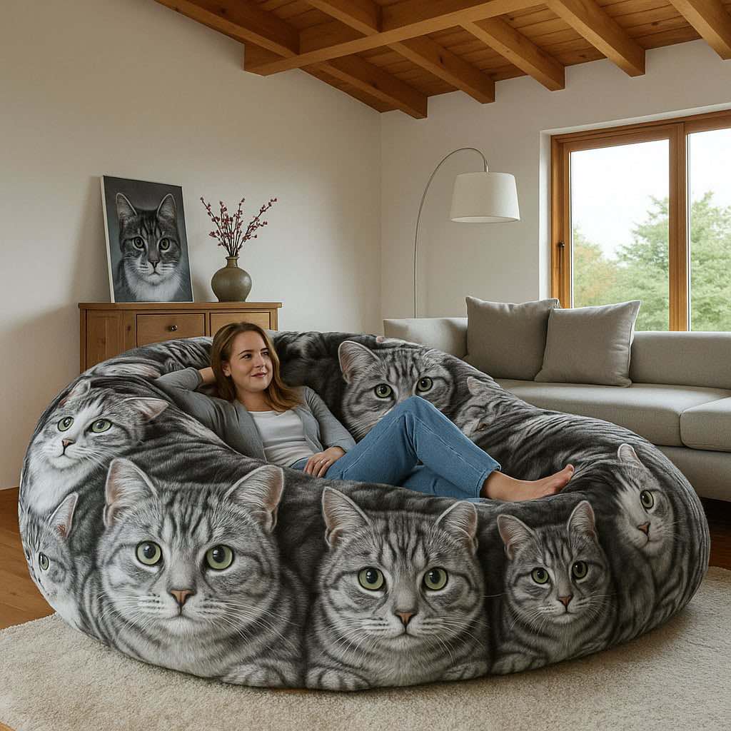 Oversized bean bag sofa featuring realistic grey tabby cat face prints with a woman lounging comfortably.
