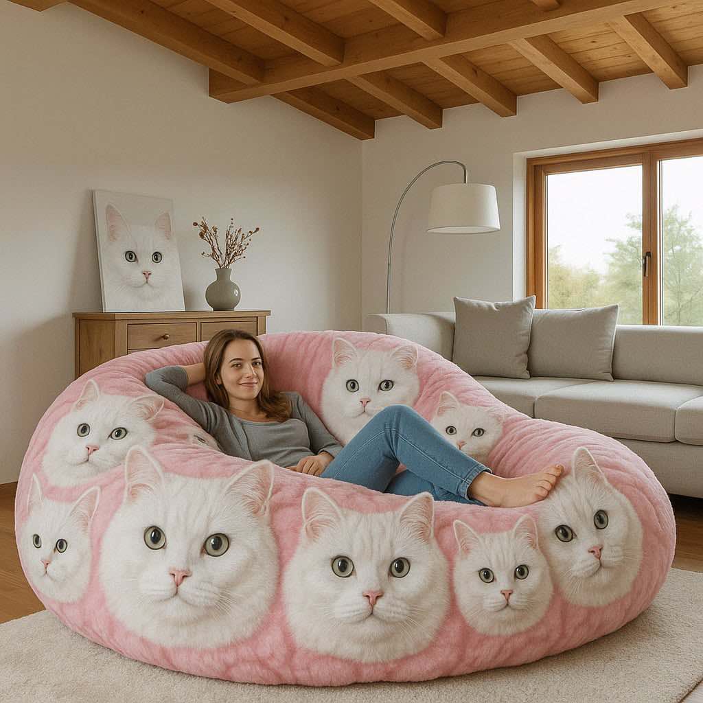  Playful pink bean bag decorated with white cat faces, styled in a cosy living room with a smiling woman.