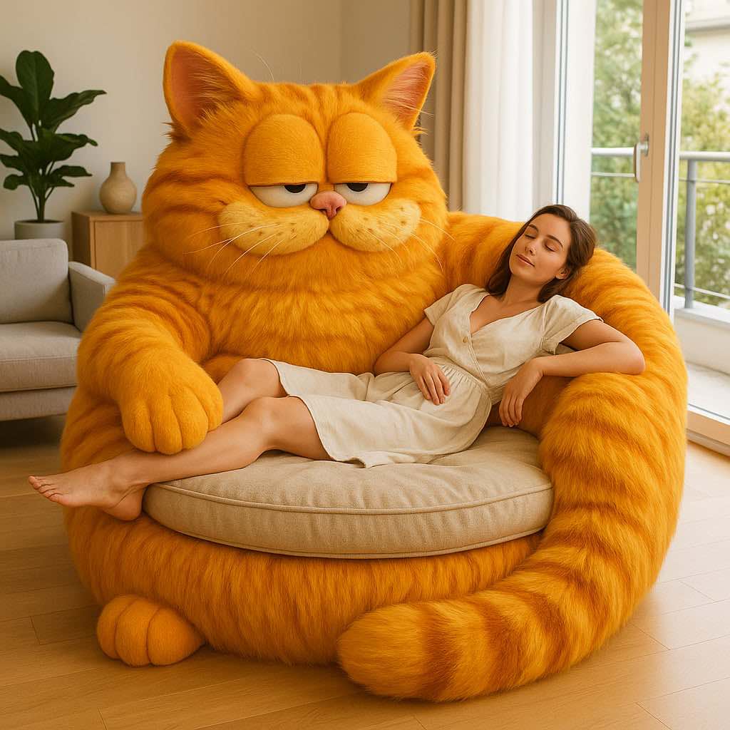 Oversized ginger cat-shaped sofa resembling a cartoon cat, hugging a relaxed woman