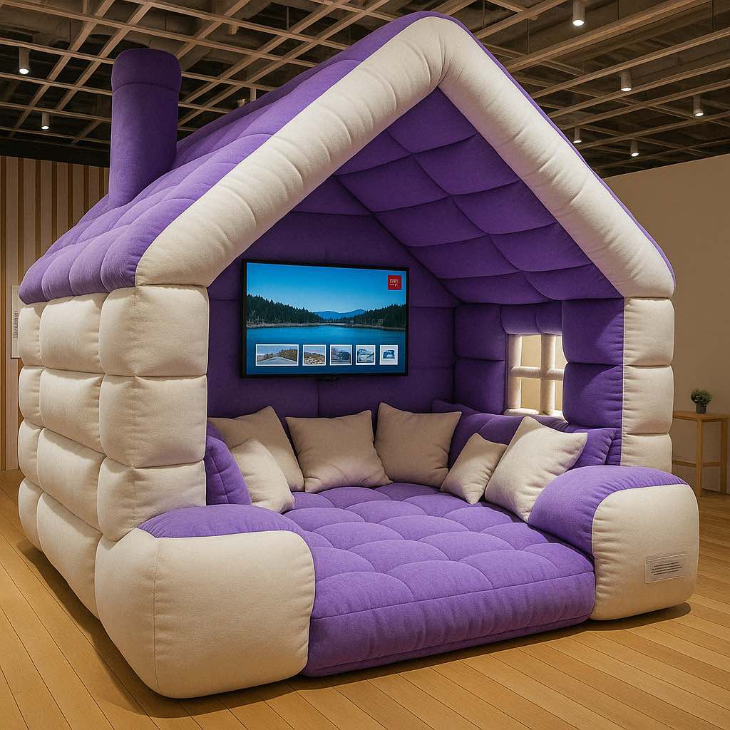  Regal purple house-shaped sofa offering a luxurious retreat with soft cream cushions and mounted screen.

