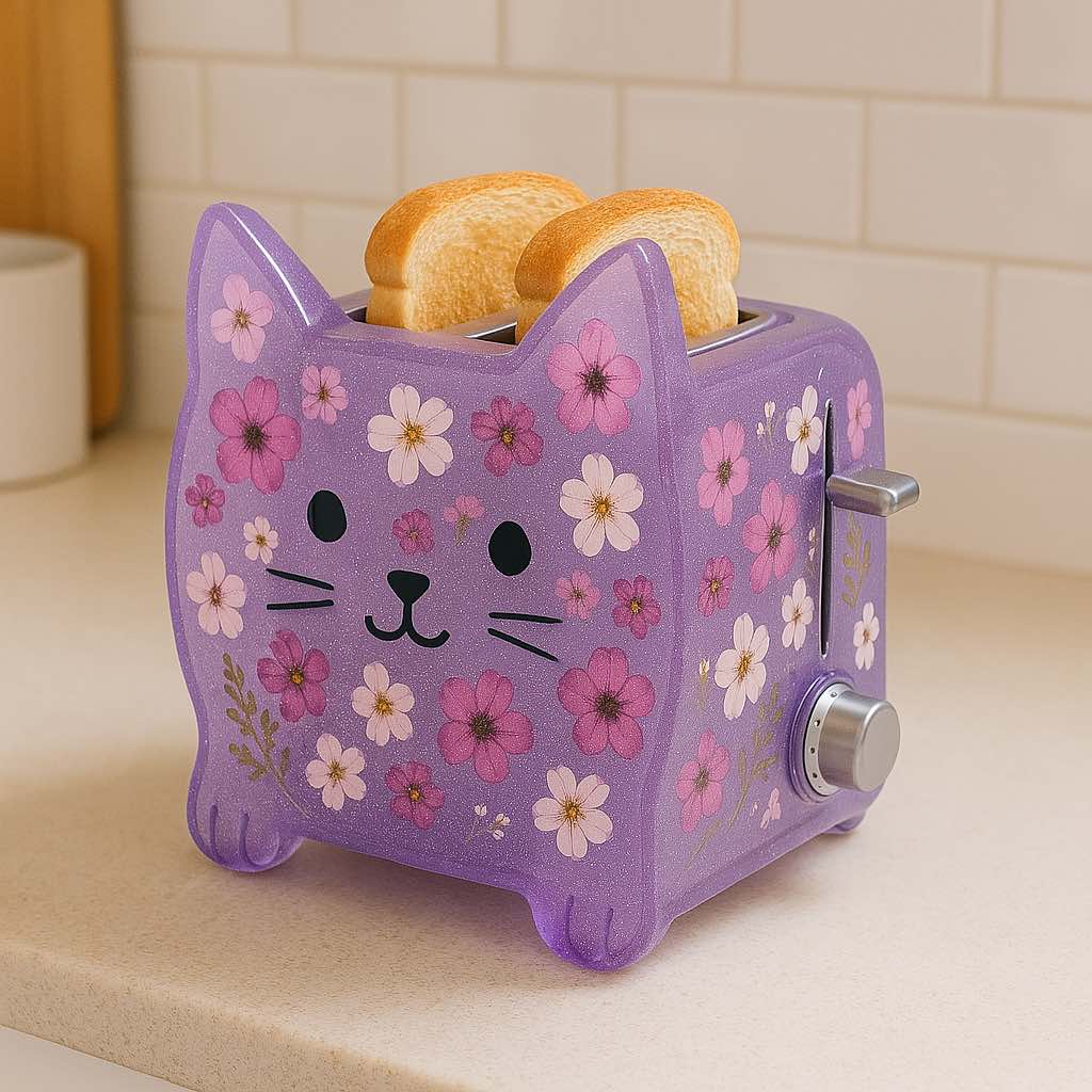 Lilac cat toaster covered in pink and white floral patterns, two slices of toast inside