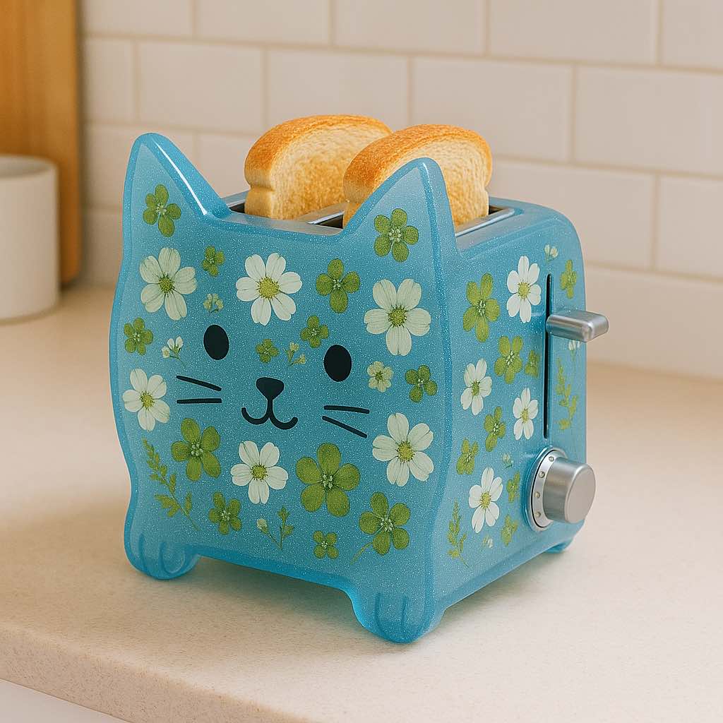 Blue floral cat-shaped toaster with white and green daisy-like flowers on a kitchen counter