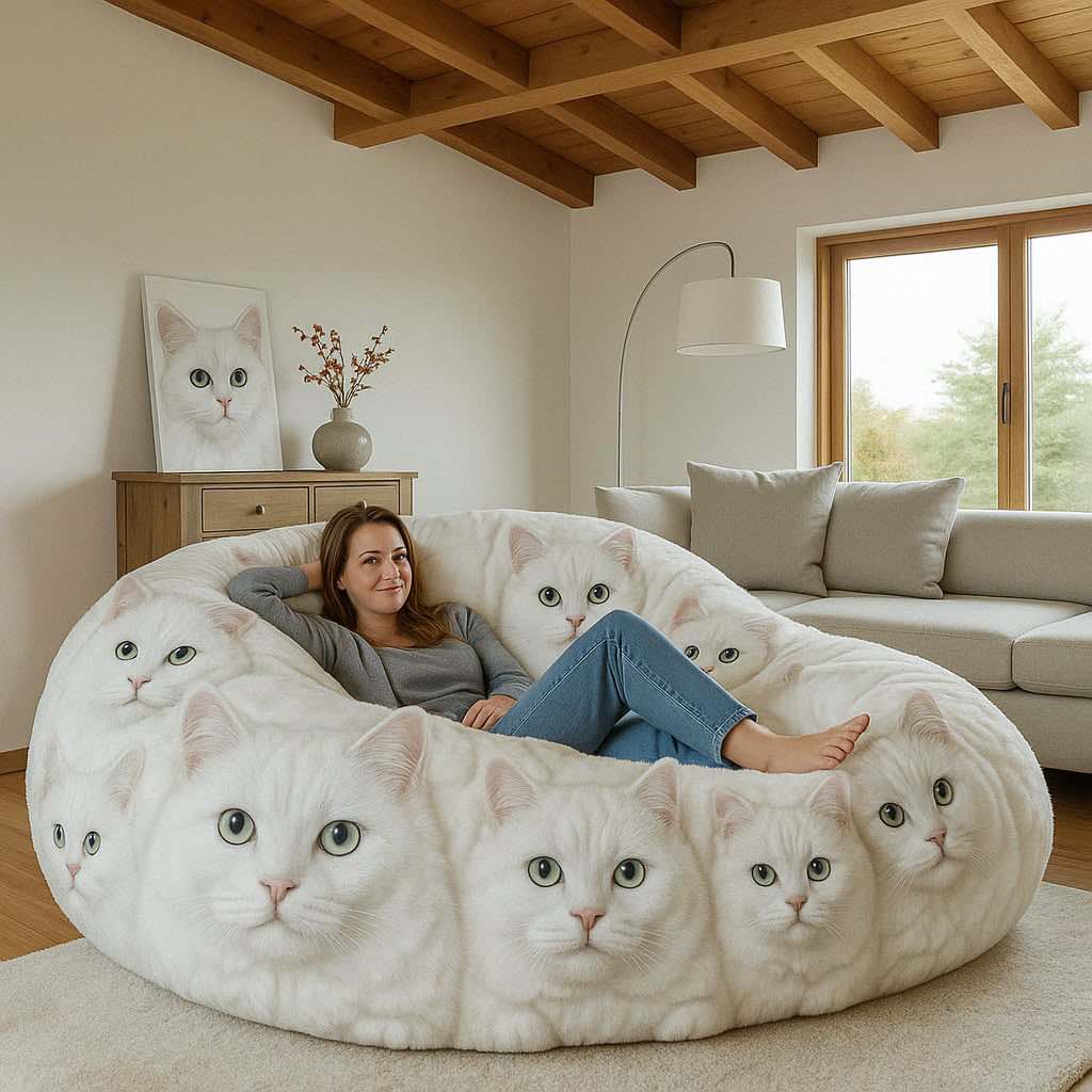 Large plush white bean bag with lifelike white Persian cat faces, perfect for tranquil home décor.