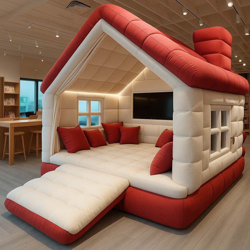 Bold cherry red house-shaped sofa with cream walls and an integrated television for ultimate comfort.