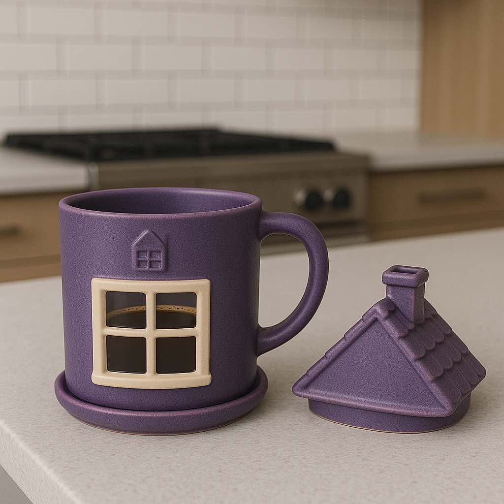 A deep plum house-themed mug with a cream window and separate roof lid placed beside it.