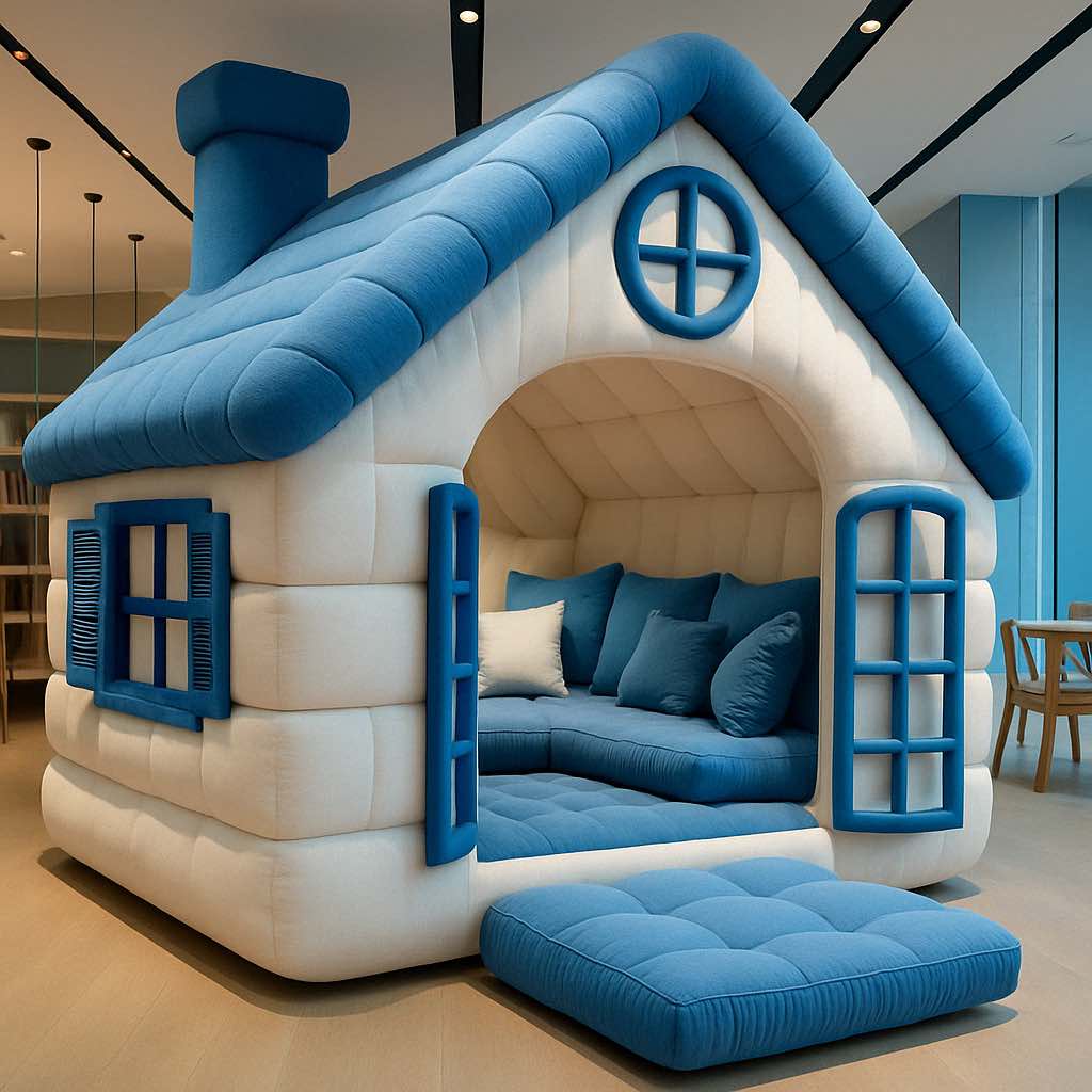 Cosy sky blue house-shaped sofa featuring open windows and plush cushions for lounging.