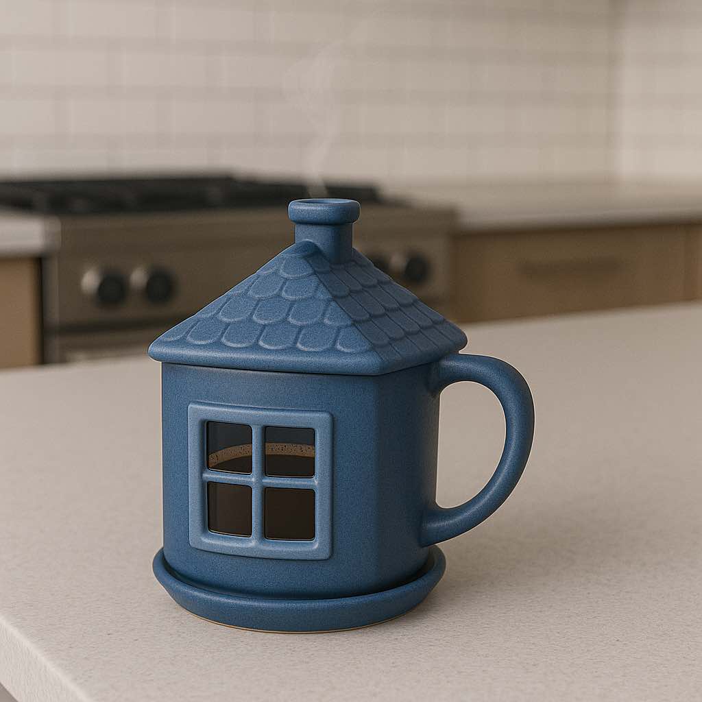 A navy blue house-shaped mug with a tiled roof and window detail, resting on a matching saucer.