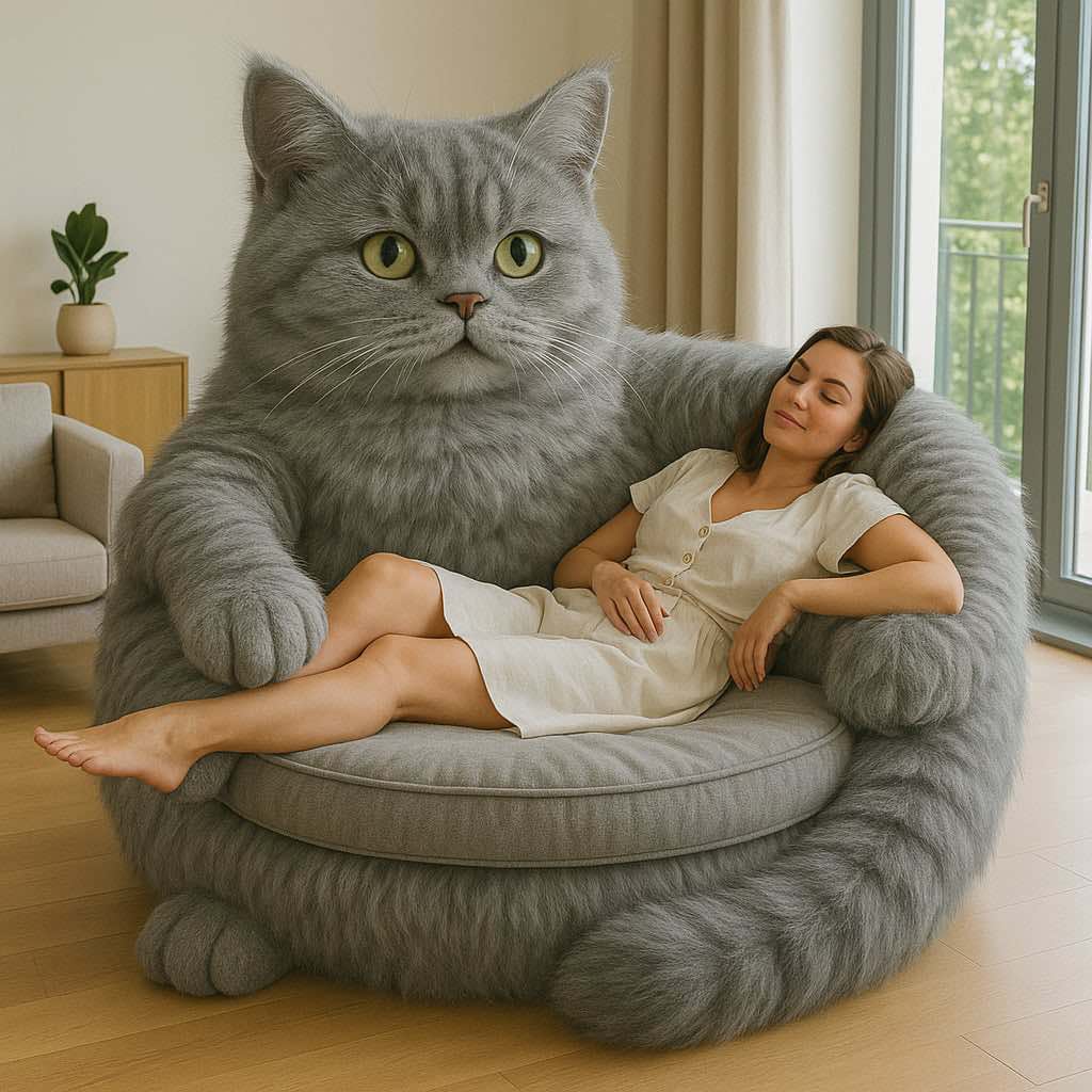  Woman lounging in a grey cat-shaped sofa with lifelike tabby features
