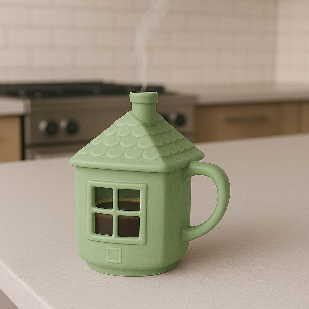 A whimsical sage green ceramic mug shaped like a house with steam rising from the chimney.