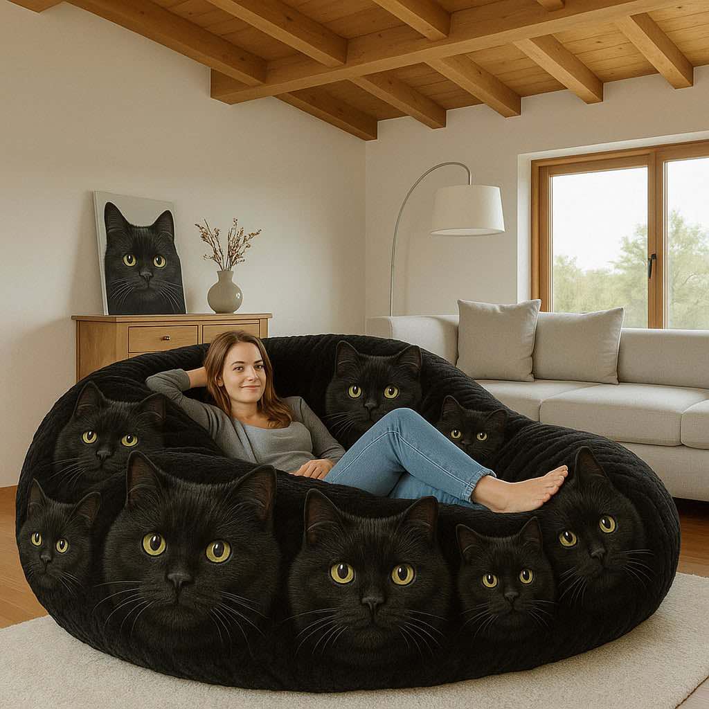 Dramatic black bean bag chair covered with glowing-eyed black cat face prints, ideal for bold interiors.