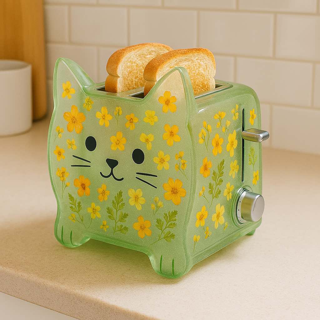 Green cat-shaped toaster with cheerful yellow flower prints, warm toast visible