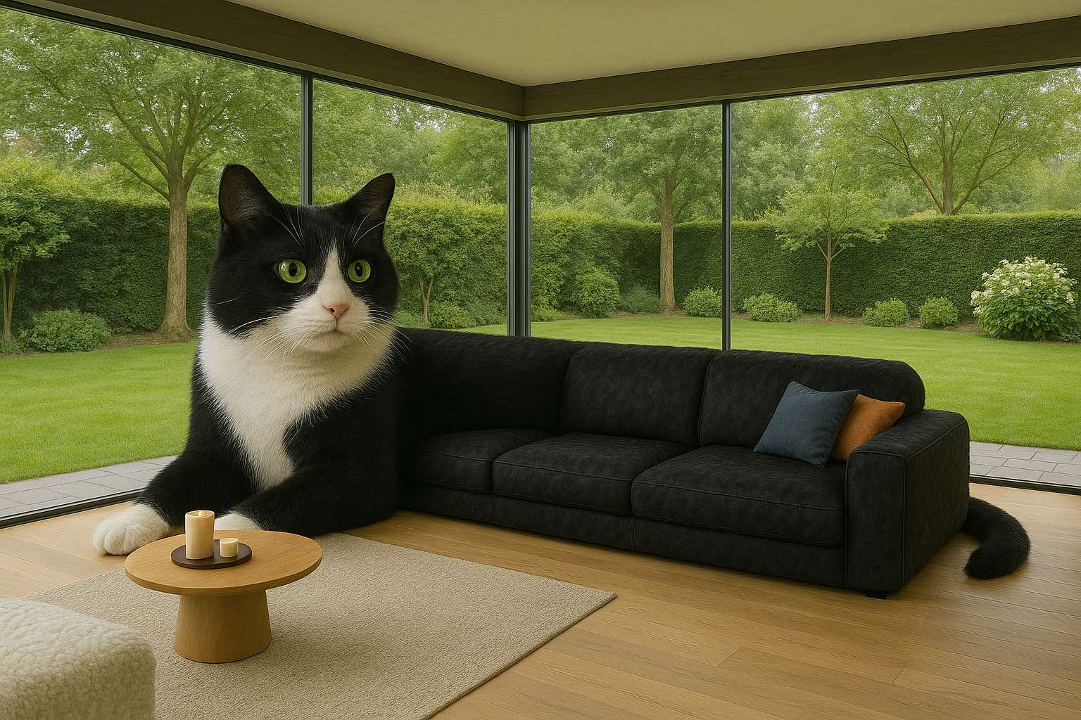 tuxedo cat-inspired sofa with monochrome design in a bright, glass-walled living area.