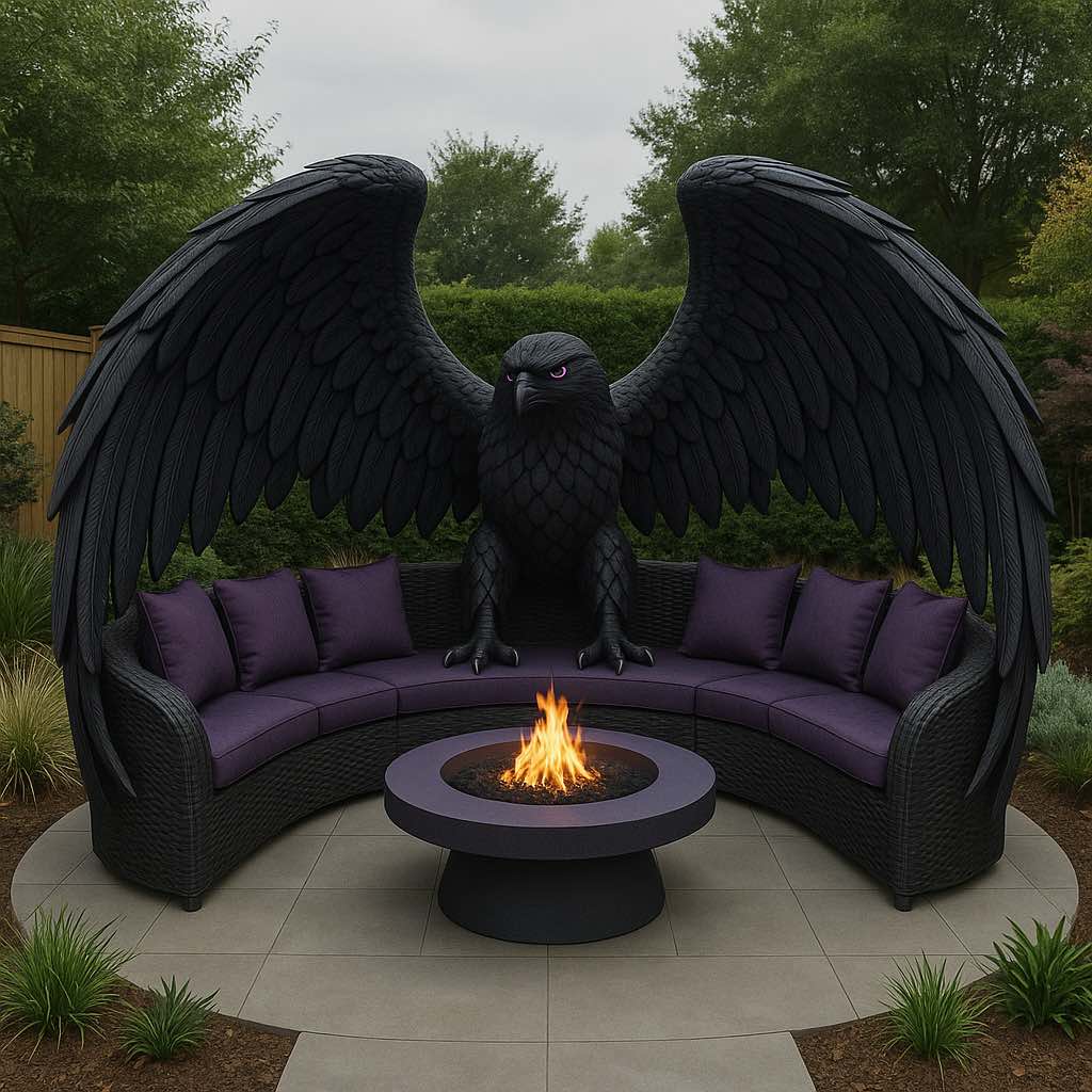 Black eagle garden furniture set with purple cushions and a sleek black fire pit.