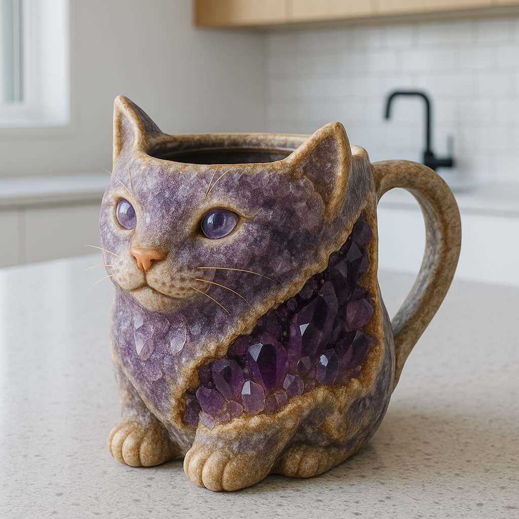 A purple gemstone cat-shaped mug with amethyst-style crystals embedded in its body, displayed on a kitchen countertop.