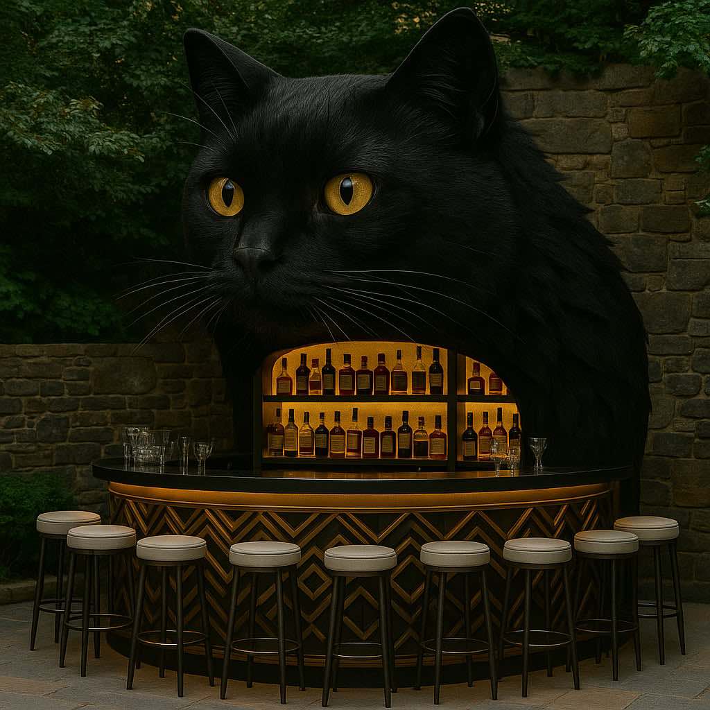 Giant black cat-shaped bar with golden eyes, serving drinks in a luxurious garden setting
