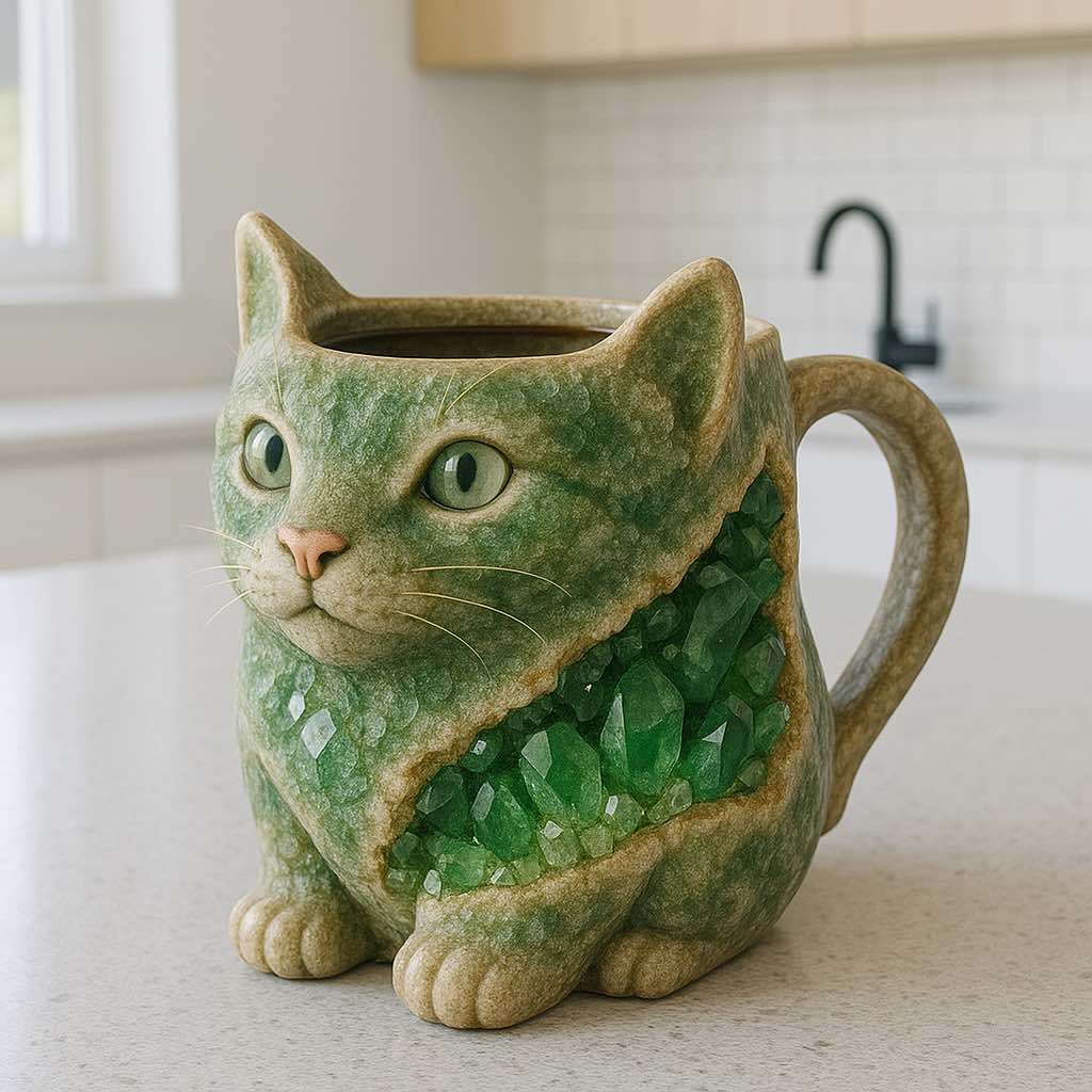 A cat-shaped mug designed with green crystal geode accents, resembling emeralds, placed on a kitchen counter.