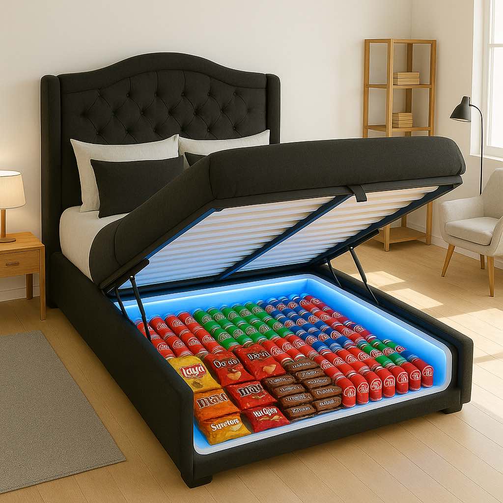 Modern black bed with blue LED-lit storage full of drinks and snacks