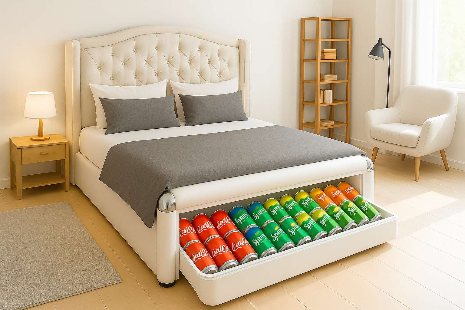 Elegant white bed with pull-out drawer filled with Coca-Cola and Sprite cans