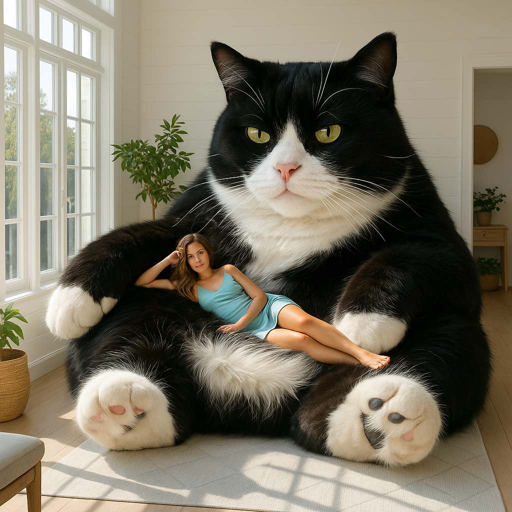 Bold black and white cat-shaped armchair with relaxed woman seated in cosy posture.