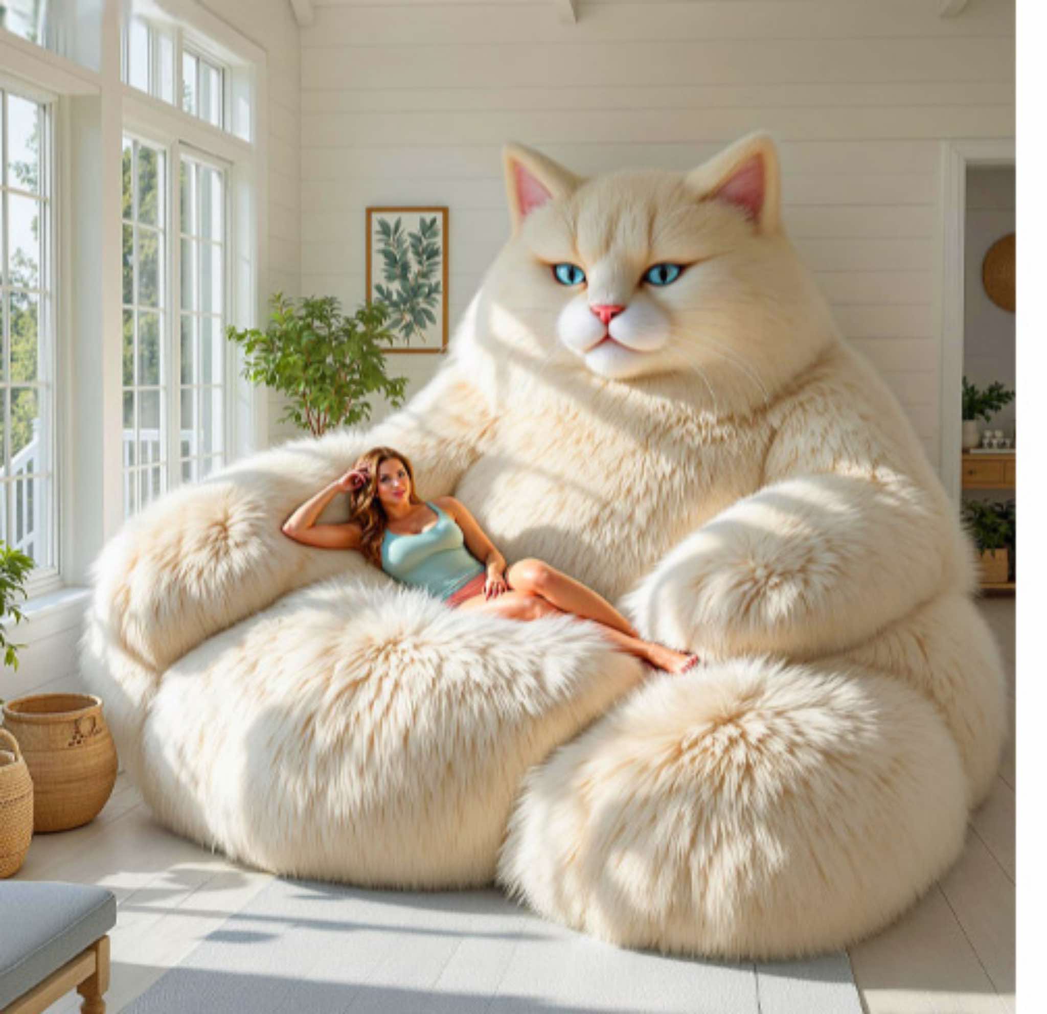 Oversized cream fluffy cat chair with blue-eyed cat face and a woman reclining comfortably.