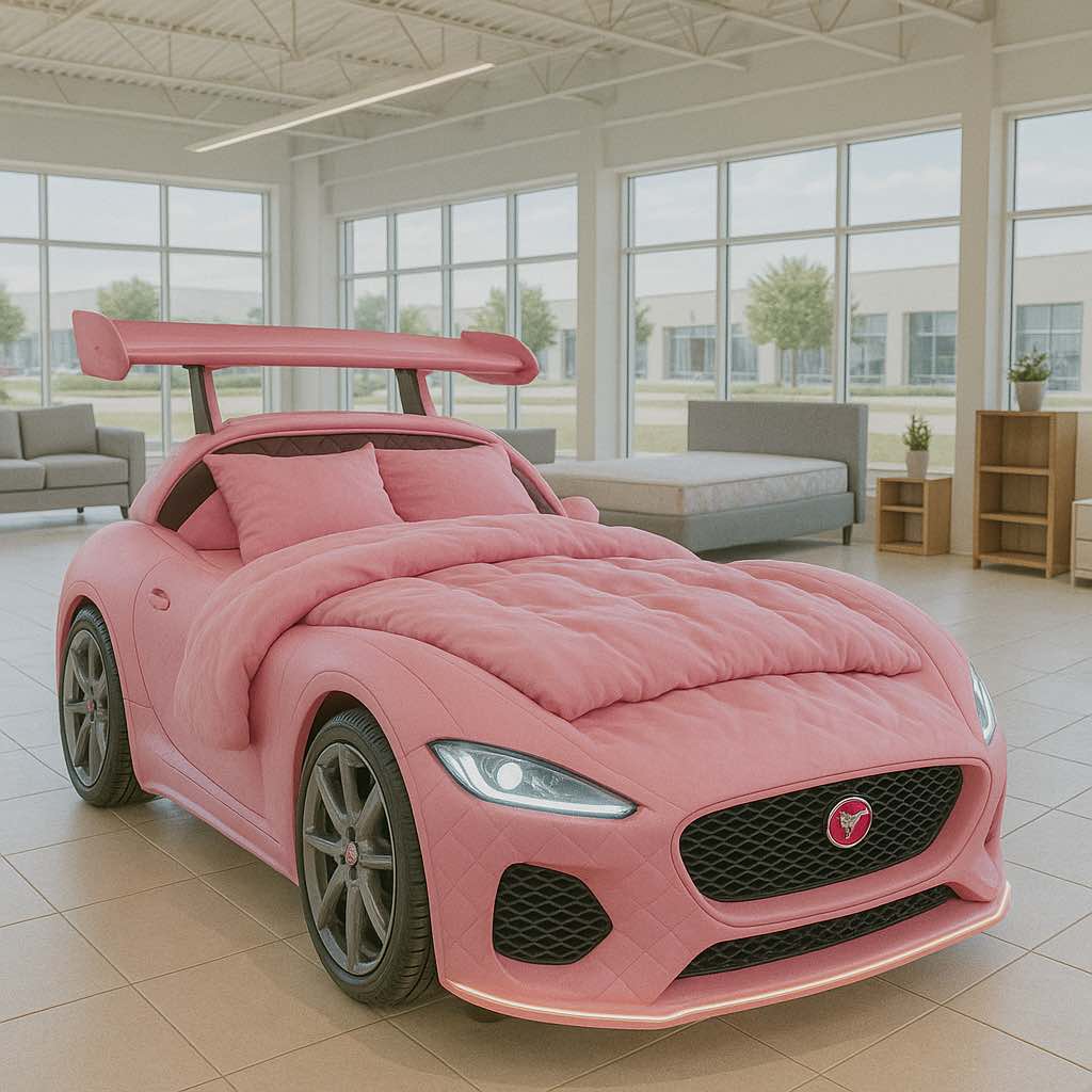 Quilted pink race car-shaped novelty bed with bedding in a bright showroom