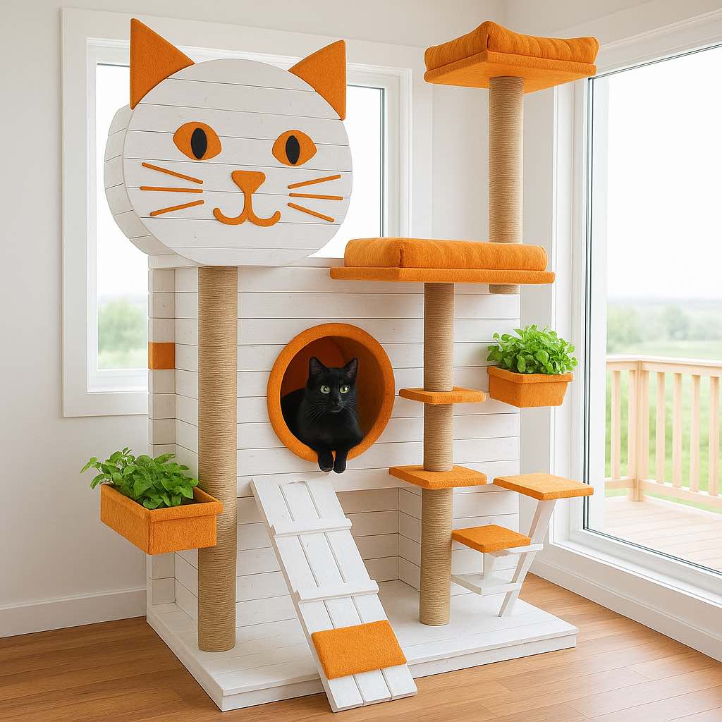 Black cat peeking out of an orange and white cat tower with built-in planters and scratching posts.