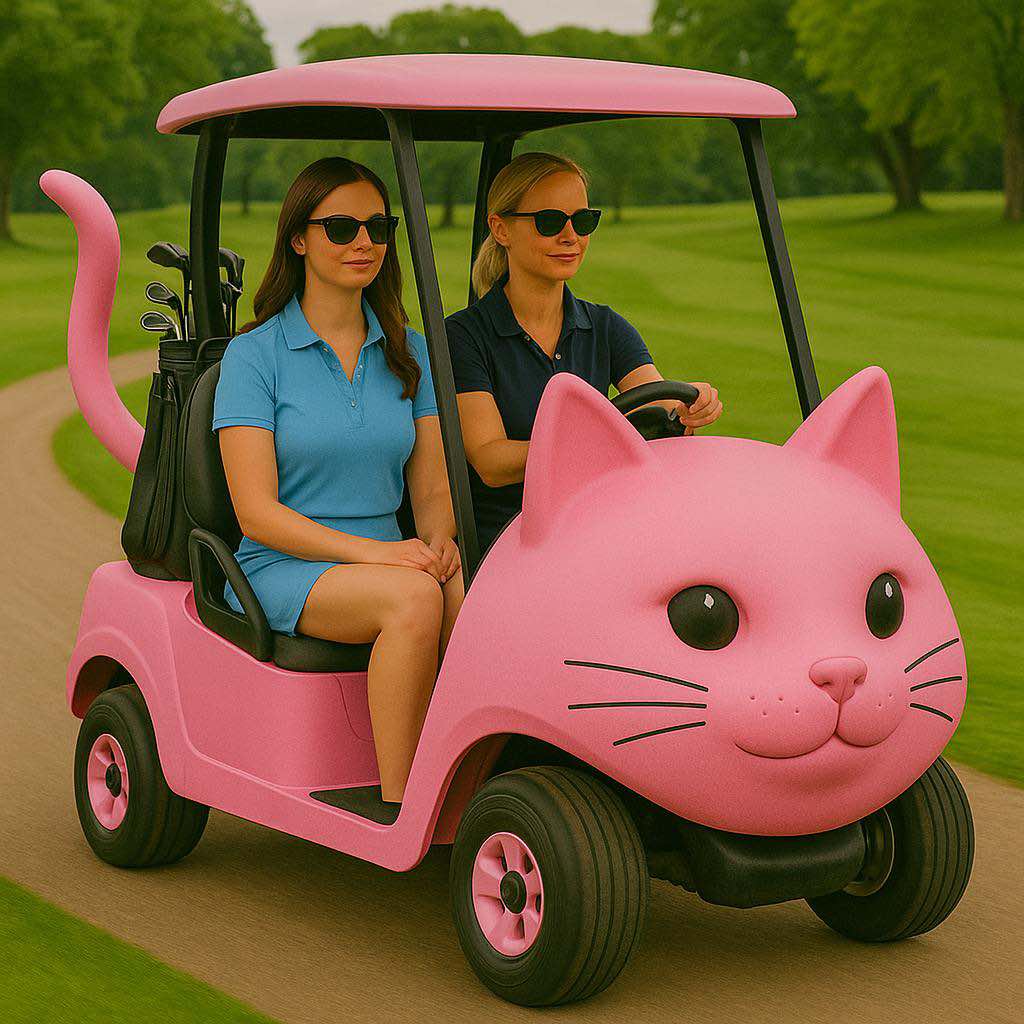A pink cat-shaped golf cart carrying two women with golf clubs, featuring a smiling feline face and curled tail.