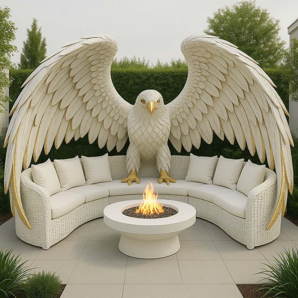 White eagle garden furniture set with gold accents, cream cushions, and a matching white fire pit.