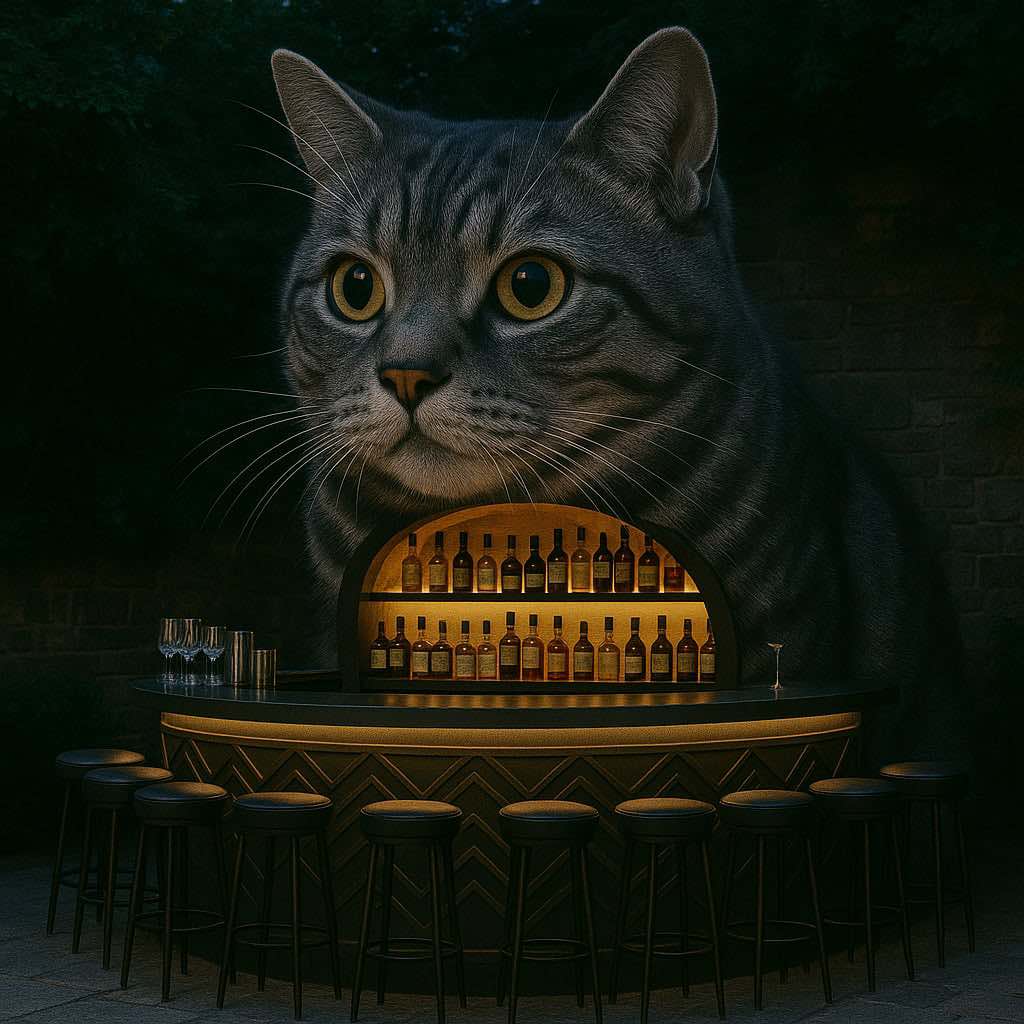 Grey tabby cat bar structure with warm lighting and spirit shelves in a cosy outdoor environment