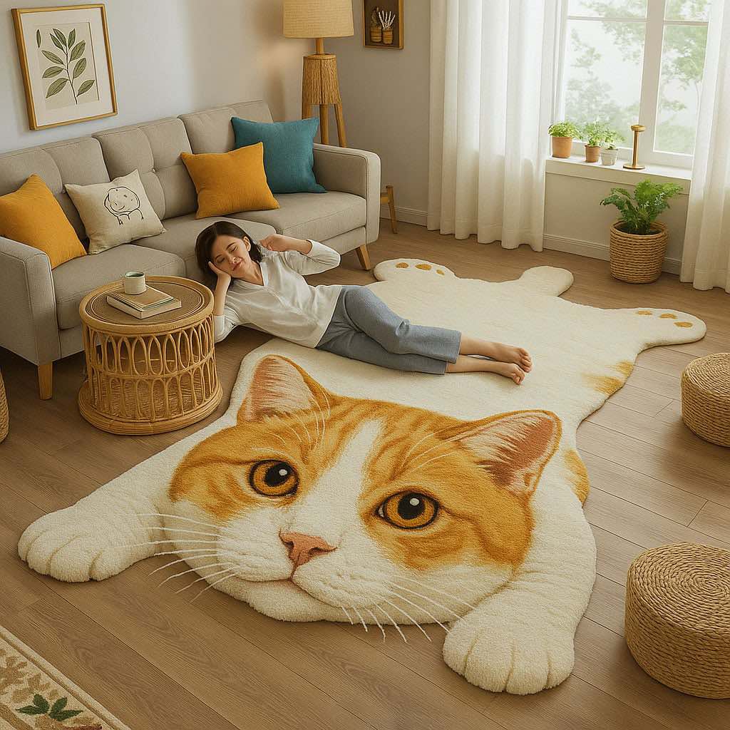 Woman relaxing beside a large ginger cat-shaped rug in a bright living room