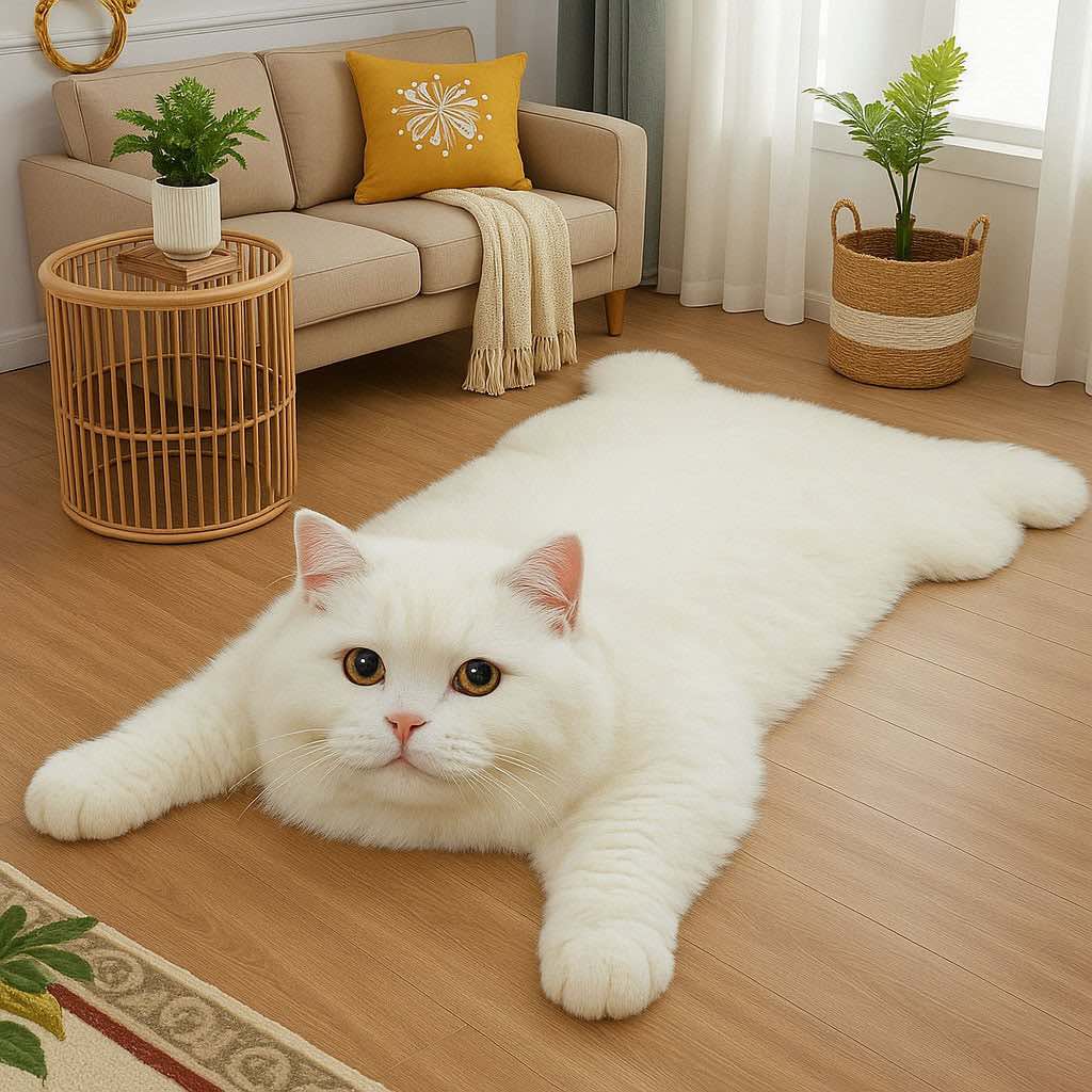 White Persian-style cat rug displayed in a neutral-toned living space