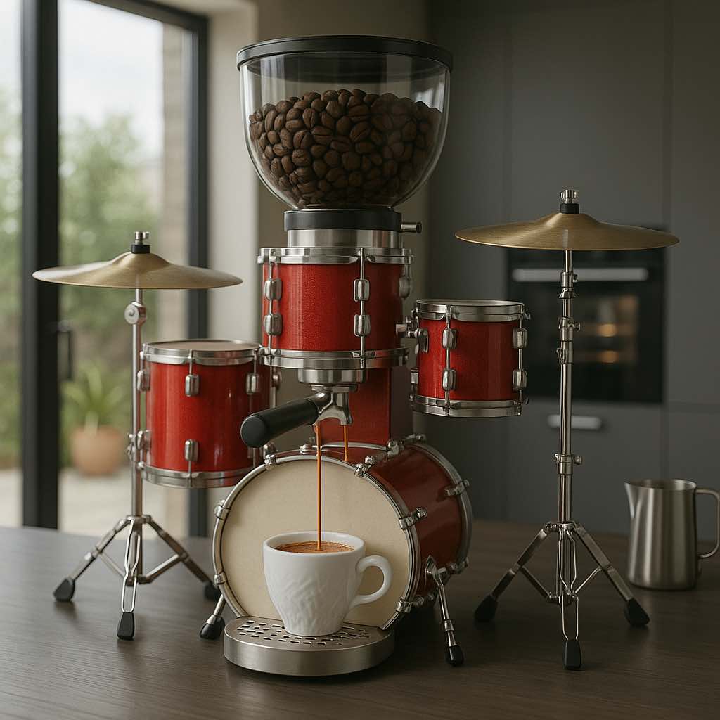 A red drum kit-themed coffee machine with cymbals and a coffee bean hopper, pouring espresso into a cup.