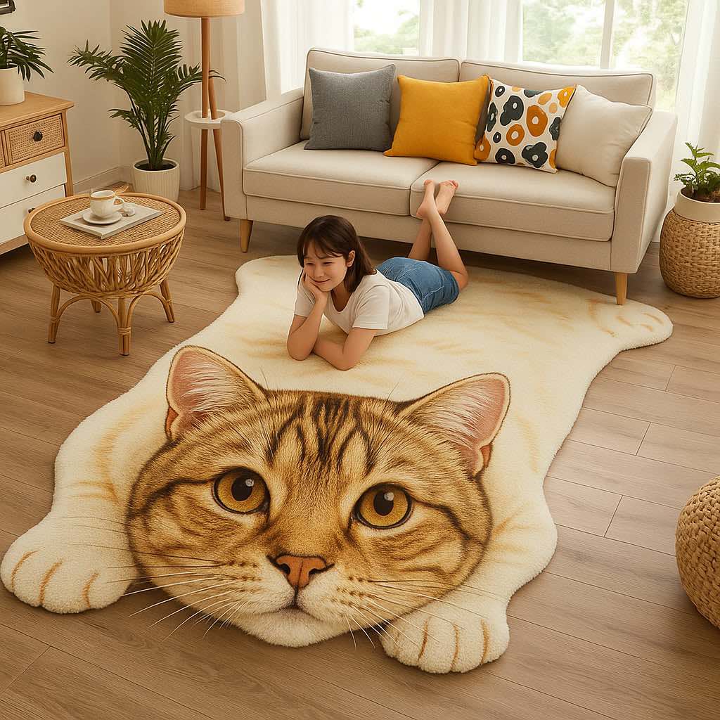 oung woman lying on a large tabby cat-shaped rug in a stylish lounge