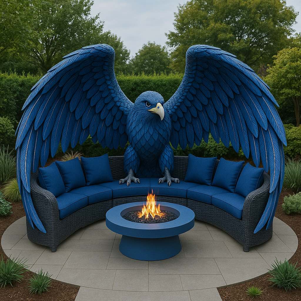Blue eagle garden furniture set featuring a cobalt eagle sculpture, navy cushions, and a blue fire pit.