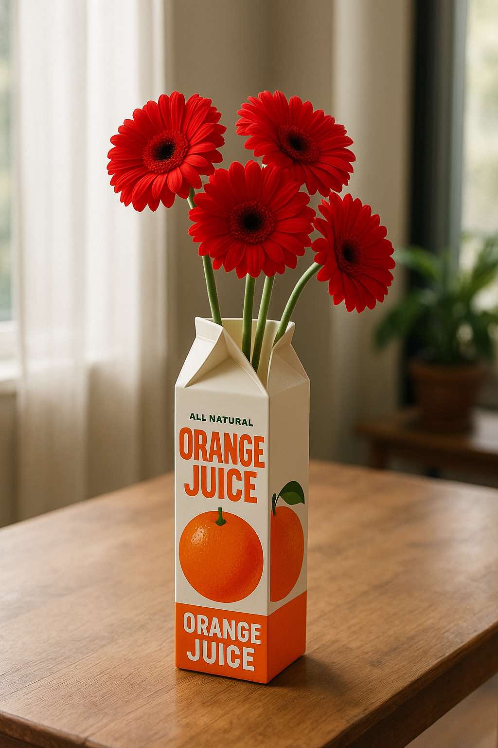 Ceramic vase designed to look like a vintage orange juice carton with bold orange and white graphics.