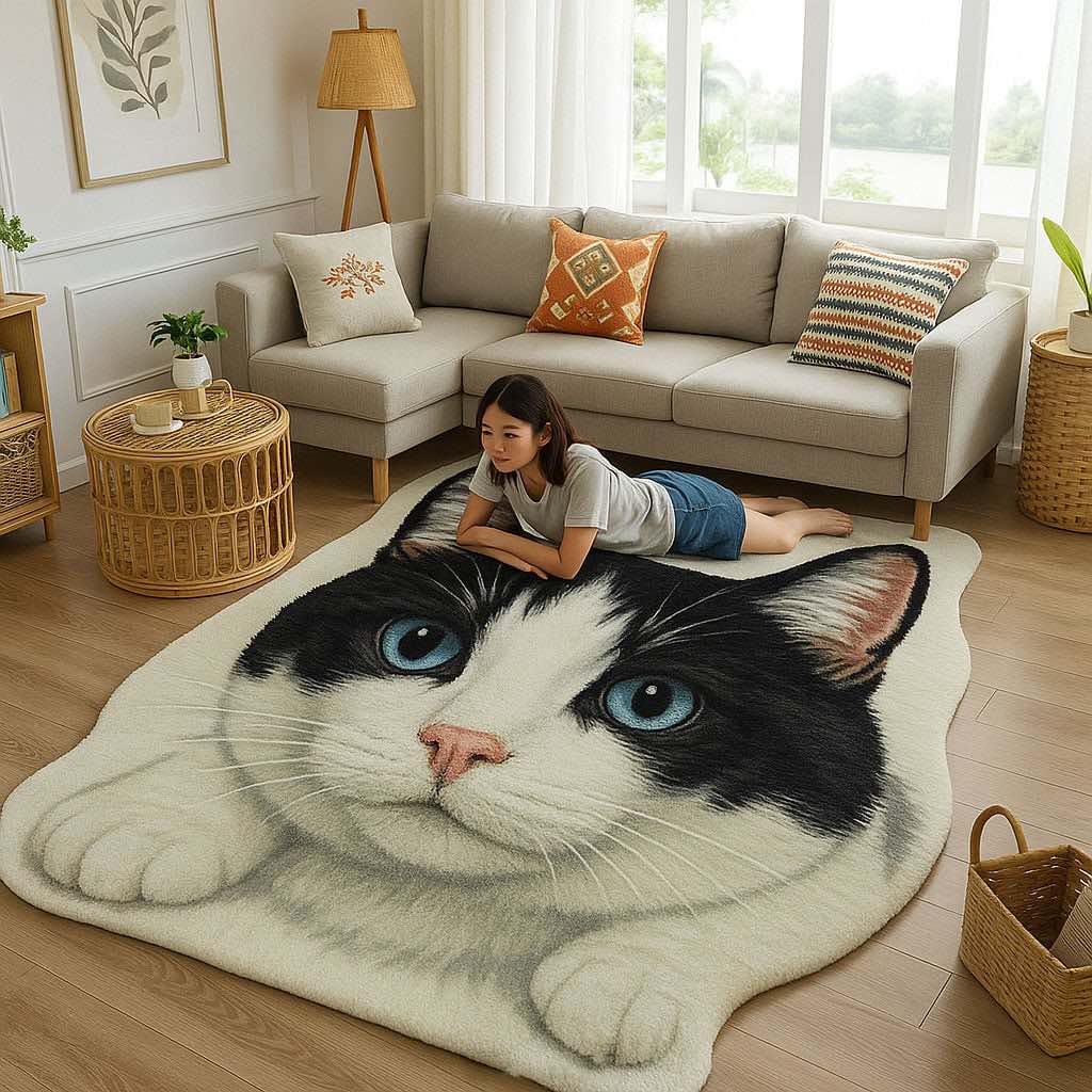 Oversized black-and-white cat-shaped rug with bright blue eyes in modern room