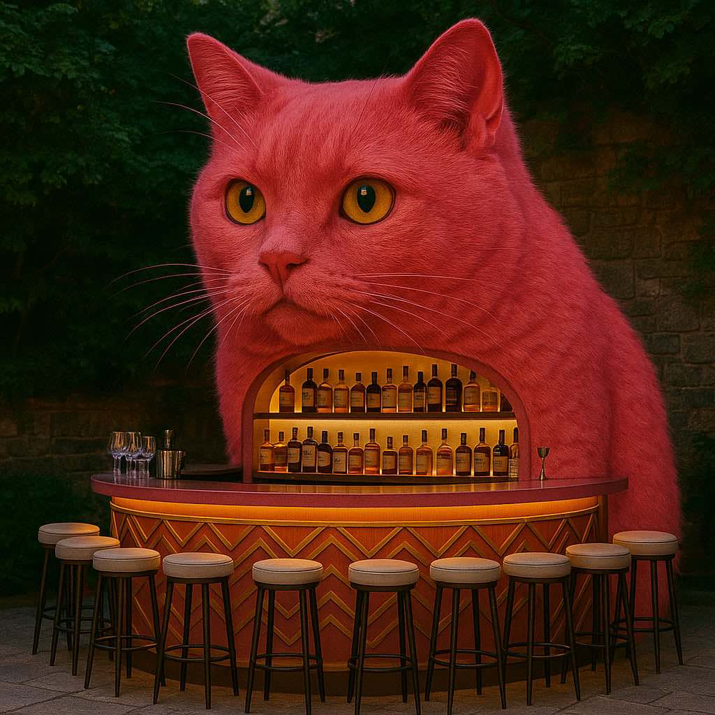 Bright pink cat-shaped bar offering cocktails, surrounded by stools in a vibrant garden setting