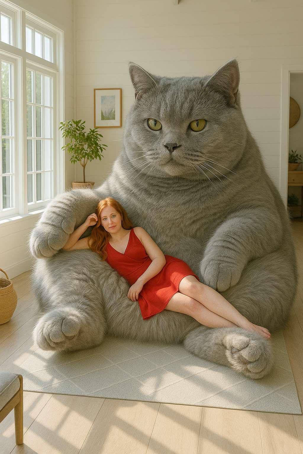 Woman lounging in a giant grey cat-shaped armchair, cuddled by plush furry paws.