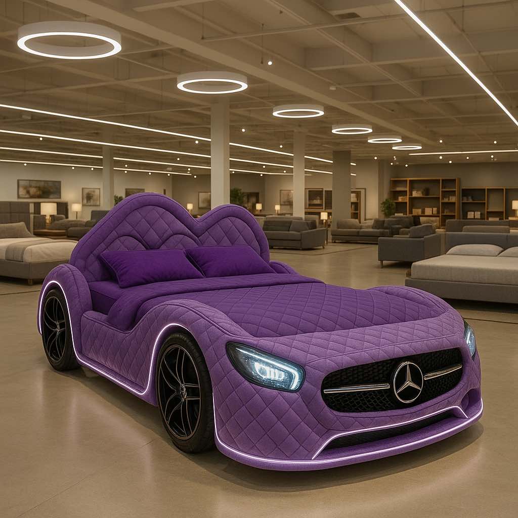 A richly coloured purple car bed with black wheels, LED lighting, and a luxury Mercedes design in a retail showroom.