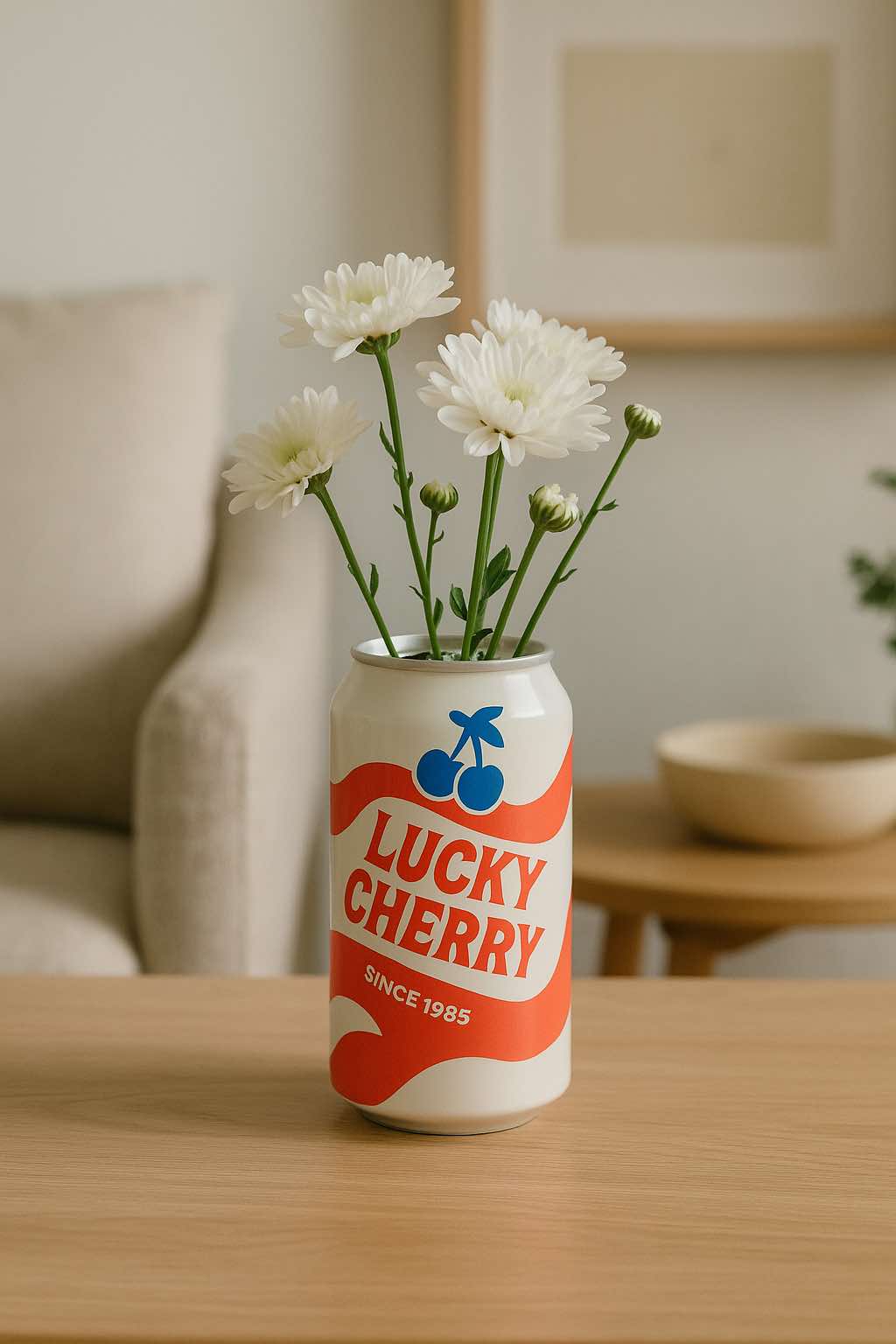 A repurposed retro-style "Lucky Cherry" drink can used as a vase, holding fresh white chrysanthemums, placed on a wooden coffee table in a minimalist living room.