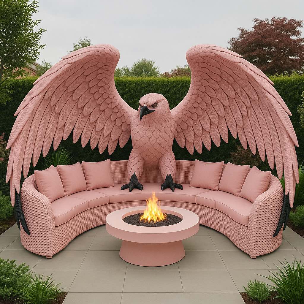 Pink eagle-themed garden furniture set with a circular pink fire pit and blush-toned outdoor sofa.