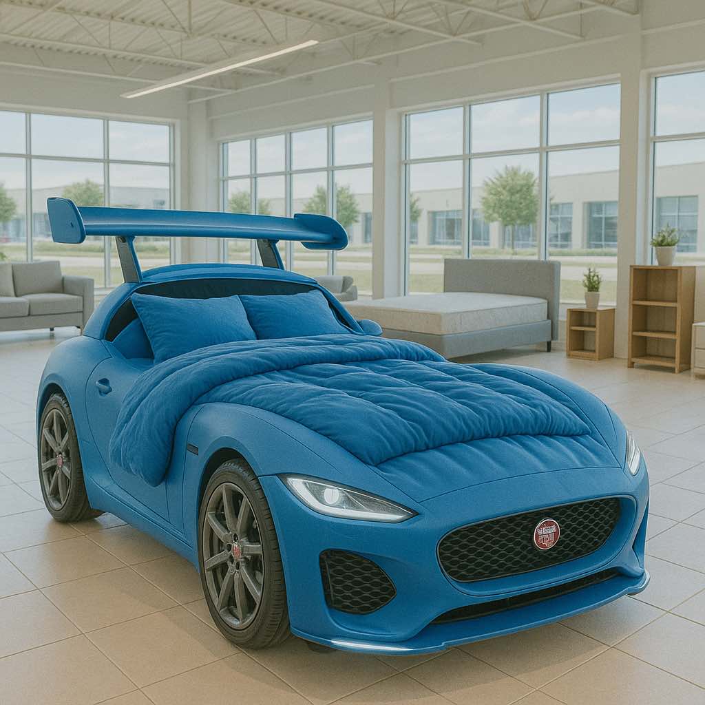 Plush blue race car-shaped bed with soft bedding displayed in a modern showroom