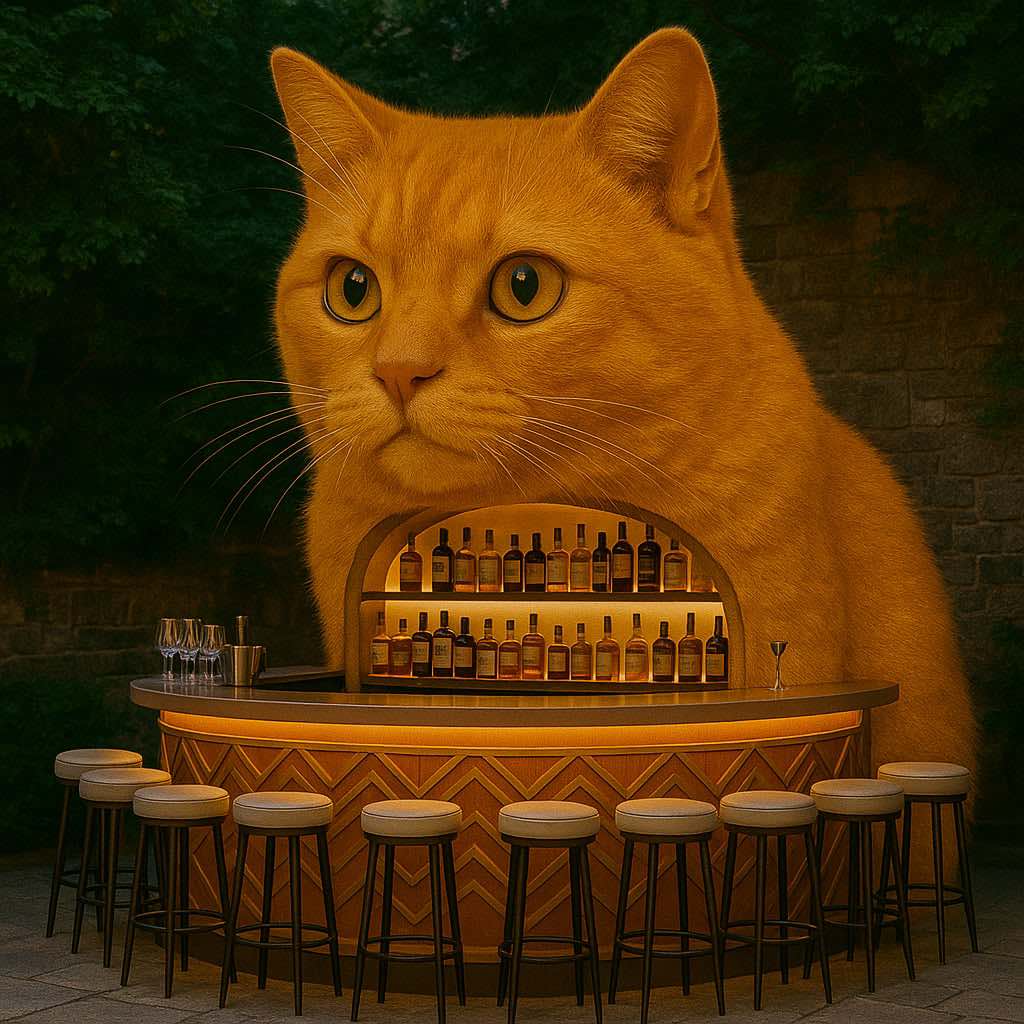 Orange ginger cat bar structure with glowing shelves and seating, set in a lush garden backdrop