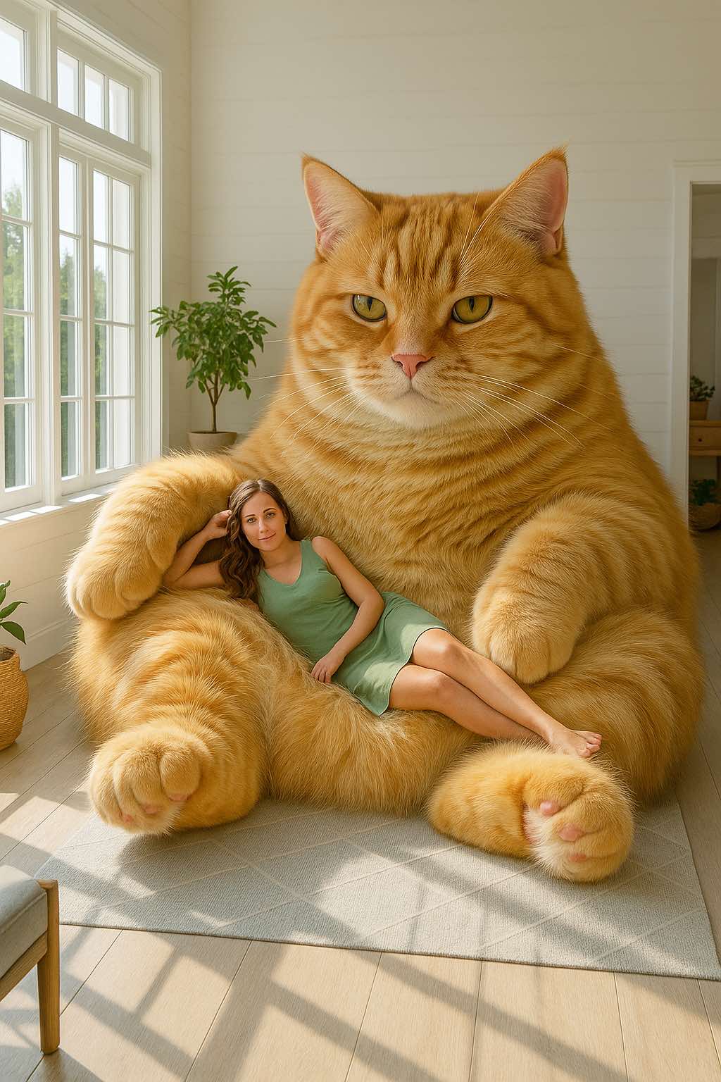 Bright ginger tabby cat chair featuring a smiling woman lounging on the oversized paws.